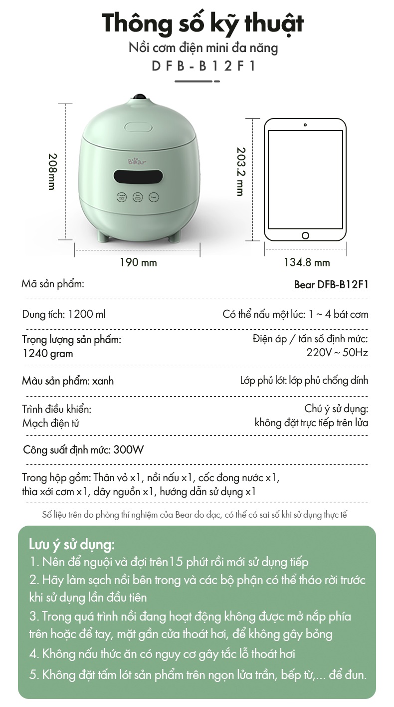 Nồi cơm điện MINI 0.3L (dung tích tổng 1.2L) Bear DFB-B12F1 - Hàng chính hãng