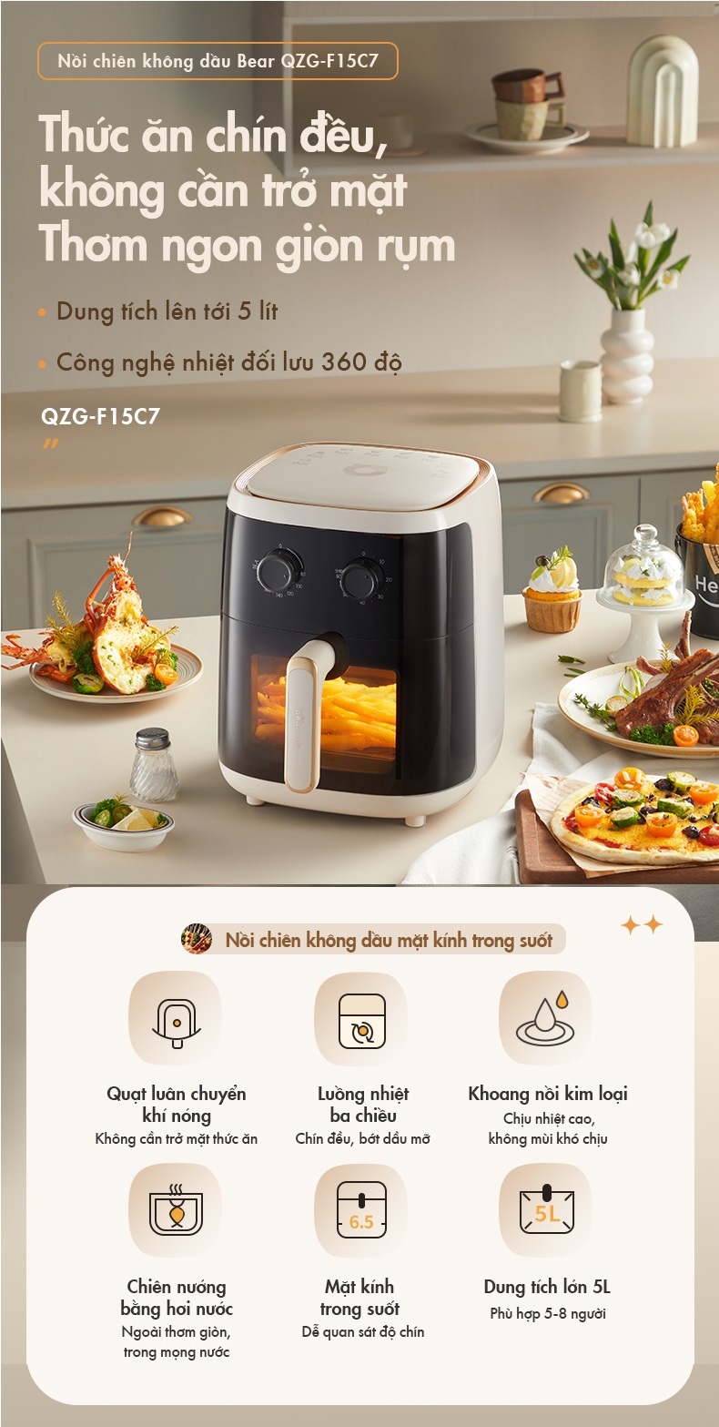 Nồi Chiên Không Dầu 5L Bear QZG-F15C7 - Hàng Chính Hãng