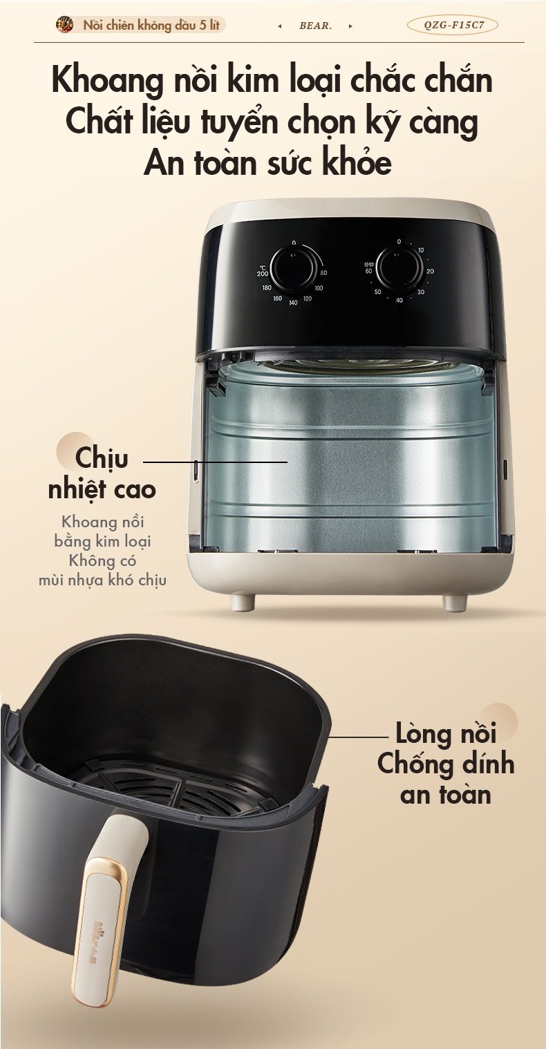 Nồi Chiên Không Dầu 5L Bear QZG-F15C7 - Hàng Chính Hãng