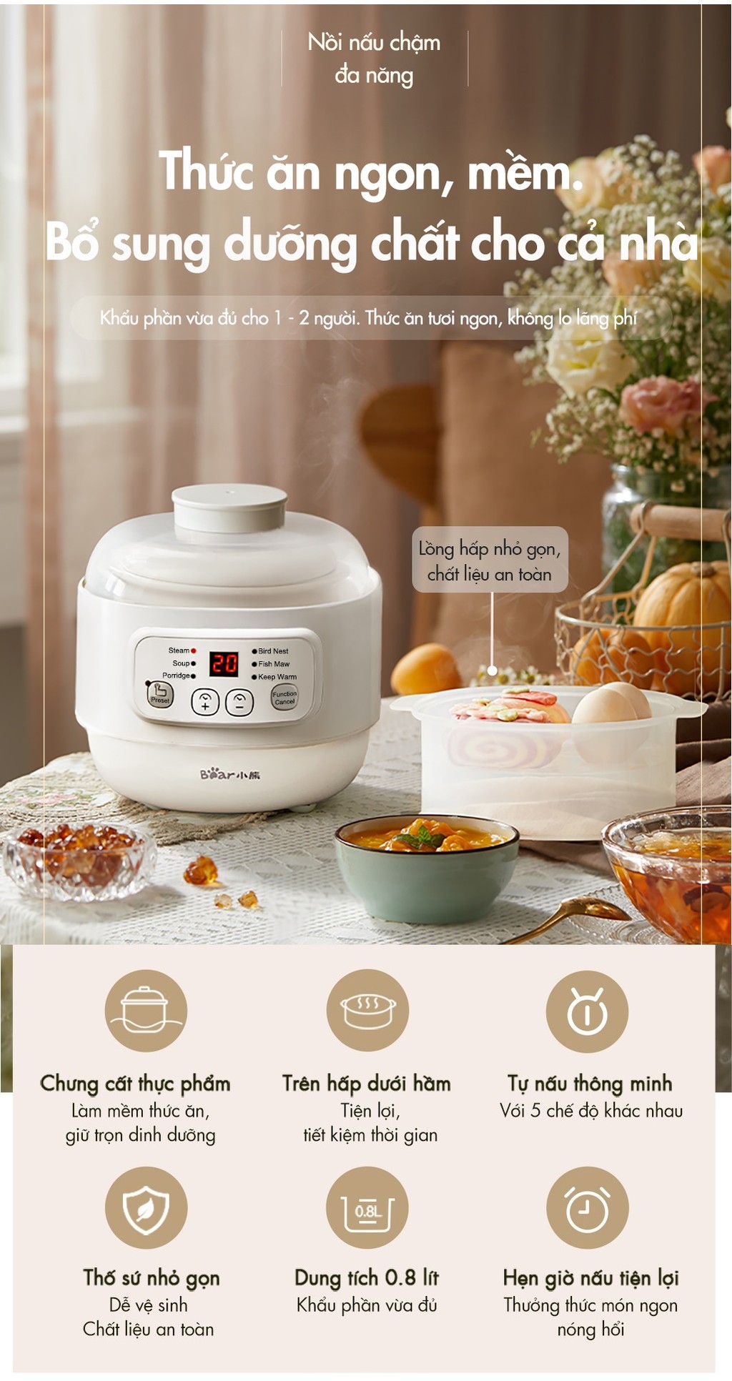 Combo Nồi Nấu Cháo Chậm 0.8L Bear DDZ-A08T8 Và Máy Xay Ăn Dặm Bear QSJ-B01P1 300ml