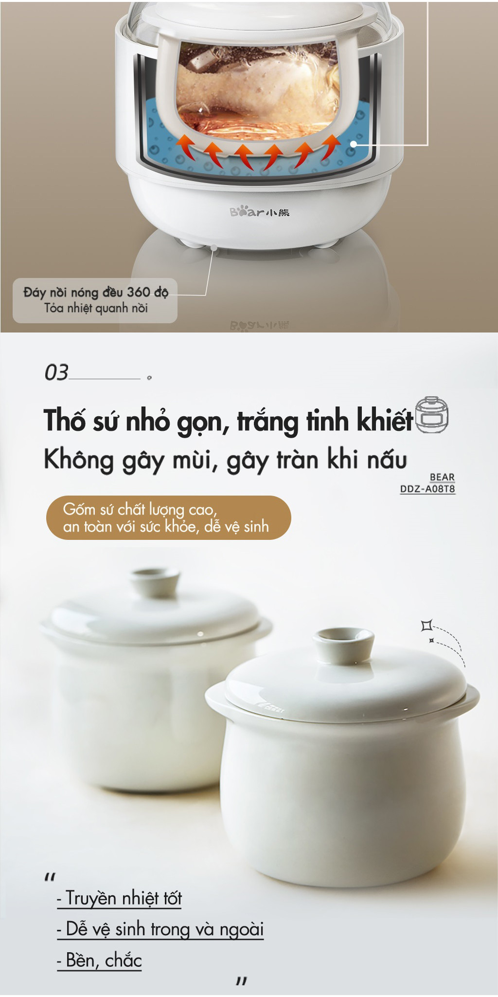 Combo Nồi Nấu Cháo Chậm 0.8L Bear DDZ-A08T8 Và Máy Xay Ăn Dặm Bear QSJ-B01P1 300ml