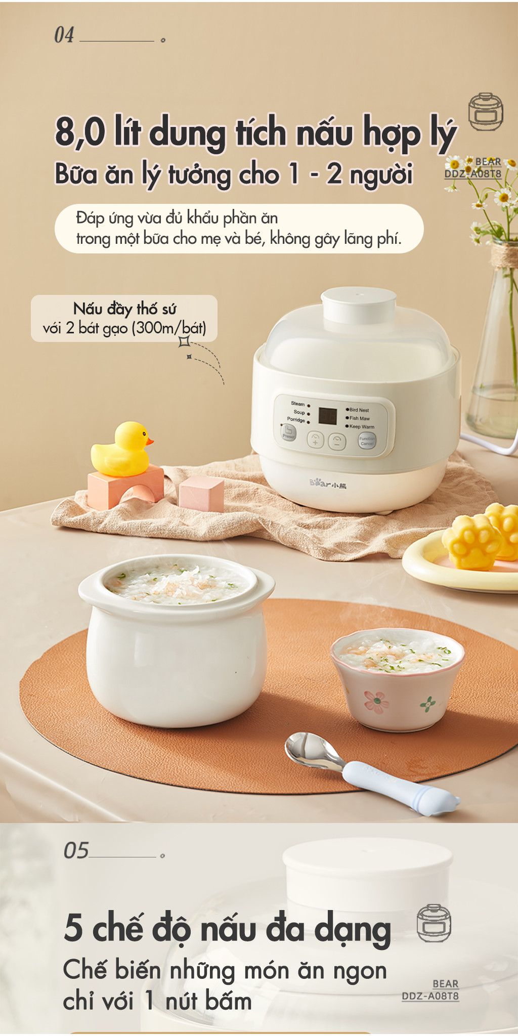 Combo Nồi Nấu Cháo Chậm 0.8L Bear DDZ-A08T8 Và Máy Xay Ăn Dặm Bear QSJ-B01P1 300ml