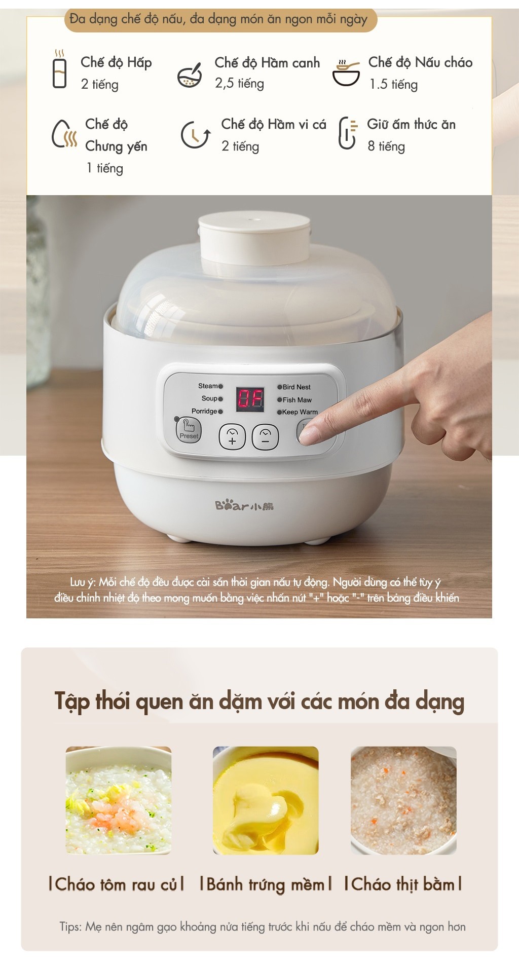 Combo Nồi Nấu Cháo Chậm 0.8L Bear DDZ-A08T8 Và Máy Xay Ăn Dặm Bear QSJ-B01P1 300ml