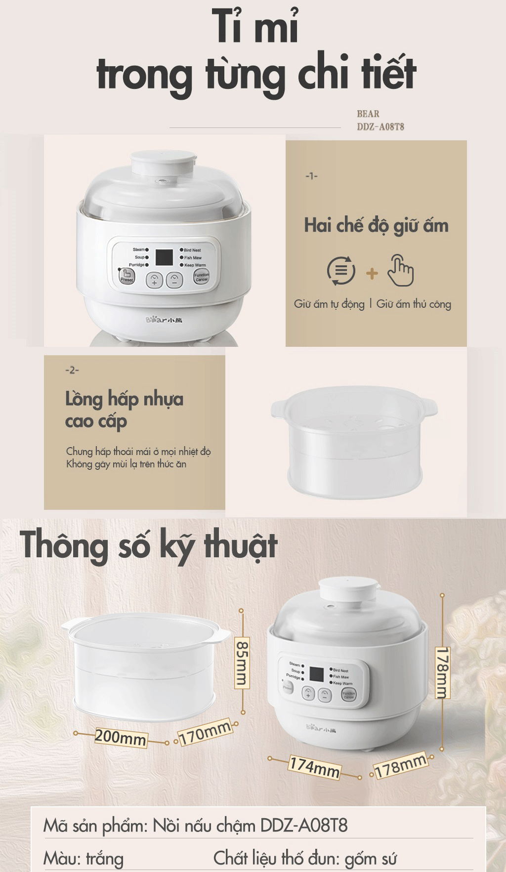 Combo Nồi Nấu Cháo Chậm 0.8L Bear DDZ-A08T8 Và Máy Xay Ăn Dặm Bear QSJ-B01P1 300ml
