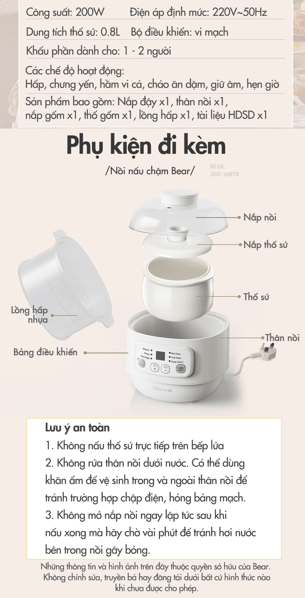 Combo Nồi Nấu Cháo Chậm 0.8L Bear DDZ-A08T8 Và Máy Xay Ăn Dặm Bear QSJ-B01P1 300ml