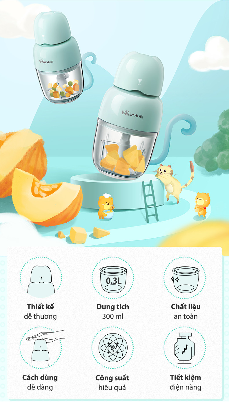 Combo Nồi Nấu Cháo Chậm 0.8L Bear DDZ-A08T8 Và Máy Xay Ăn Dặm Bear QSJ-B01P1 300ml