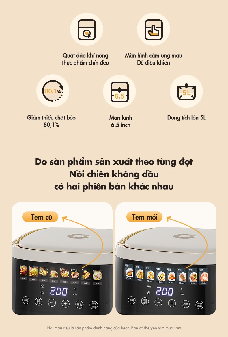 Nồi Chiên Không Dầu 5L Bear QZG-F15H1 - Hàng Chính Hãng