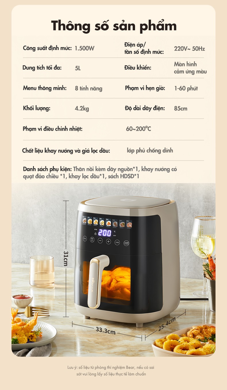 Nồi Chiên Không Dầu 5L Bear QZG-F15H1 - Hàng Chính Hãng