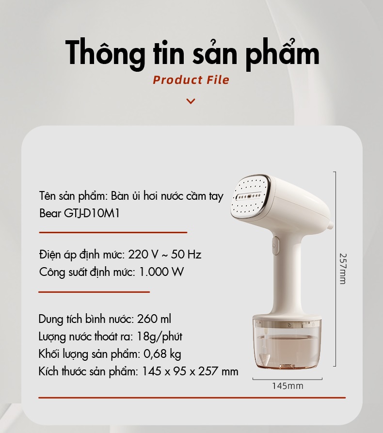 Bàn ủi hơi nước cầm tay 1000W Bear GTJ-D10M1 - Hàng Chính Hãng