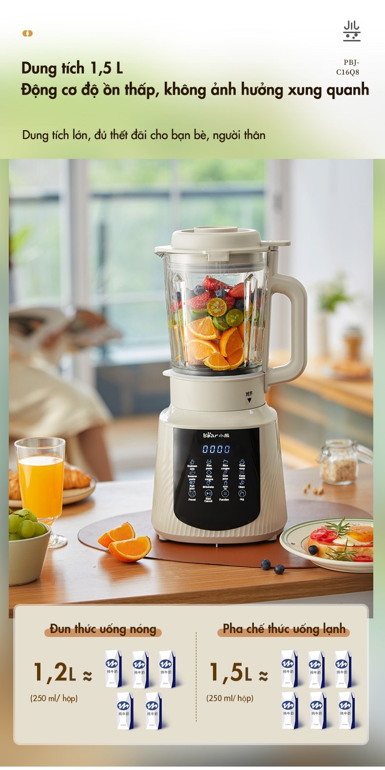 Máy làm sữa hạt đa năng 1.5L Bear PBJ-C16Q8 - Hàng Chính Hãng