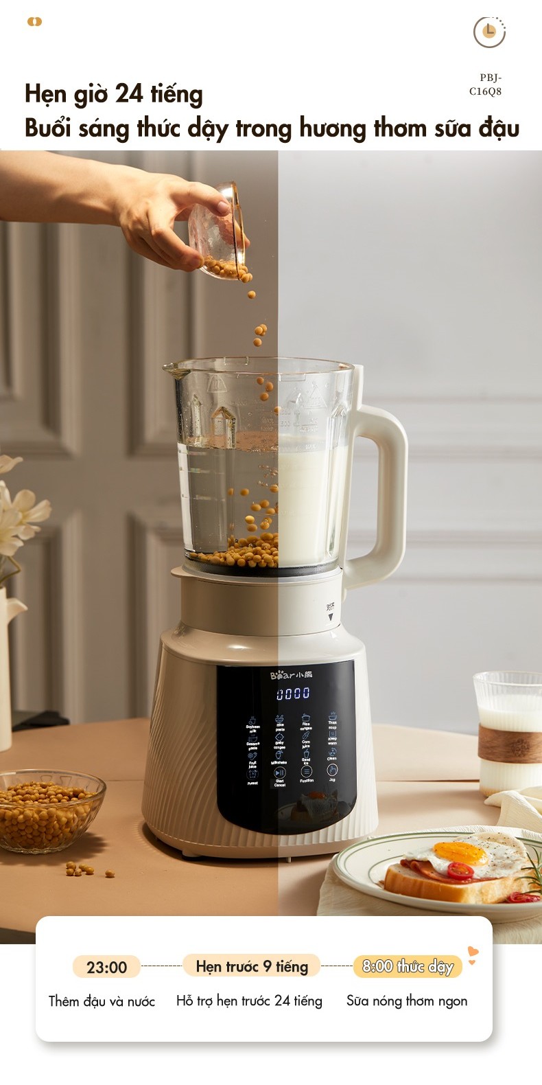 Máy làm sữa hạt đa năng 1.5L Bear PBJ-C16Q8 - Hàng Chính Hãng