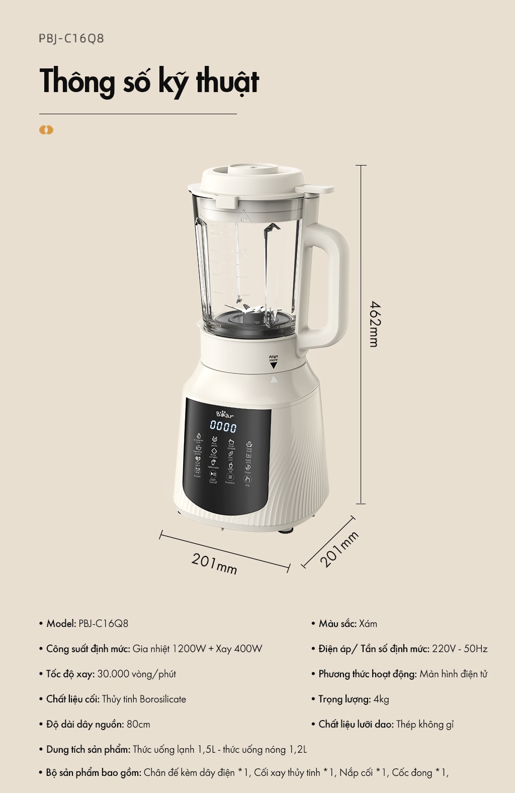 Máy làm sữa hạt đa năng 1.5L Bear PBJ-C16Q8 - Hàng Chính Hãng
