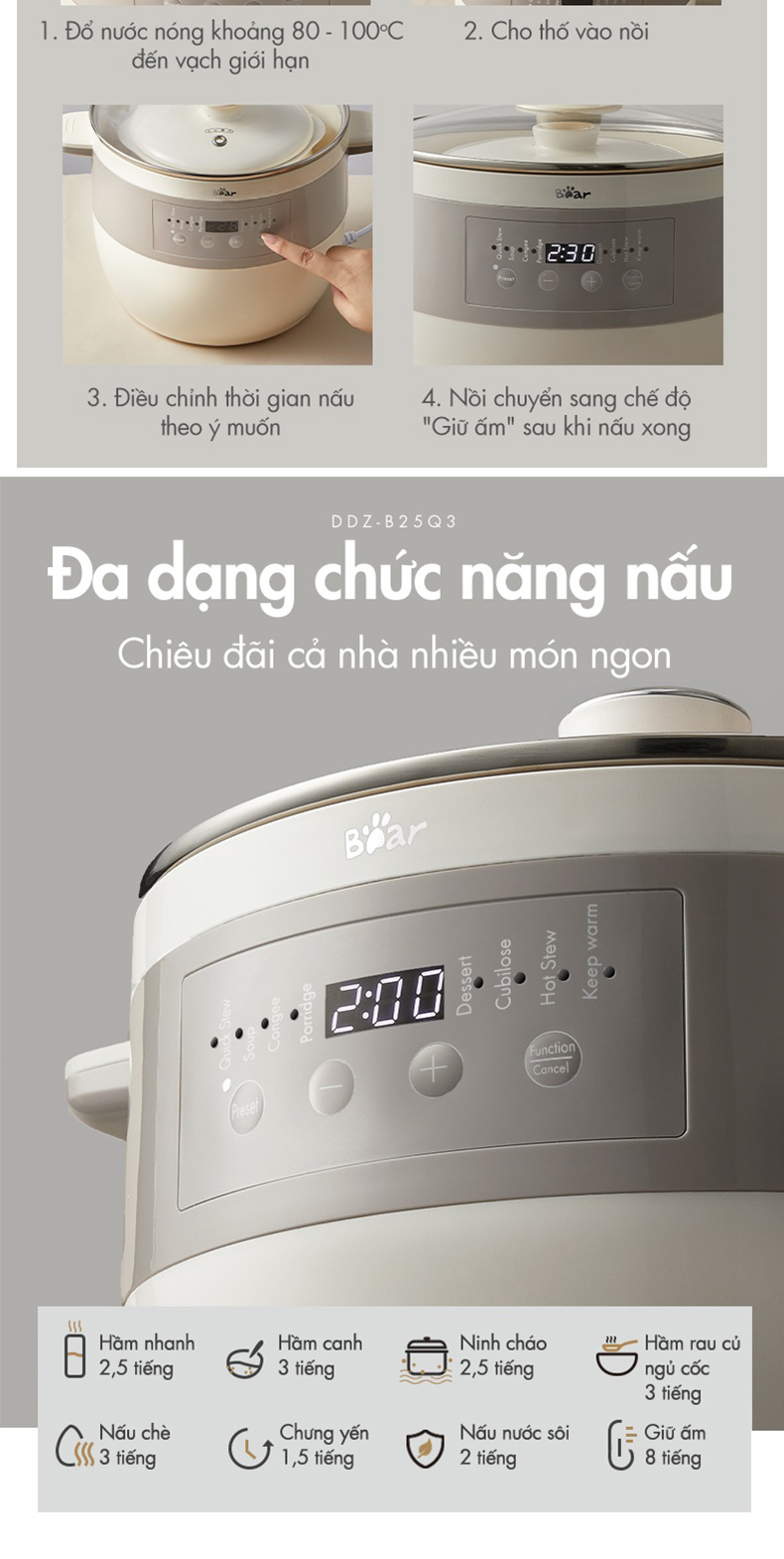 Nồi Nấu Chậm 2.5L Đa Năng Bear DDZ-B25Q3 (KÈM XỬNG HẤP) - Hàng Chính Hãng Nồi Nấu Chậm 2.5L Đa Năng Bear DDZ-B25Q3 (KÈM XỬNG HẤP) - Hàng Chính Hãng