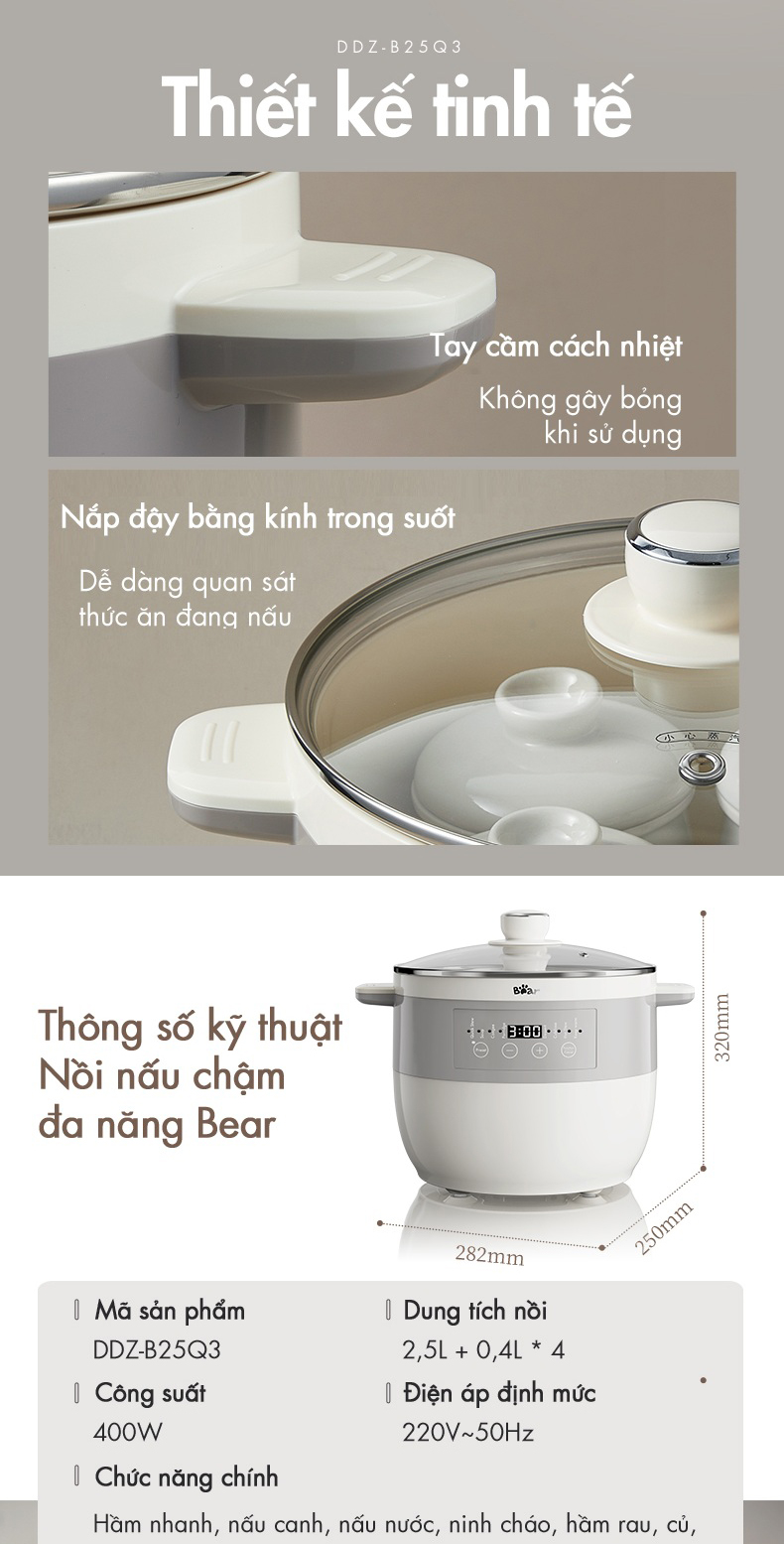Nồi Nấu Chậm 2.5L Đa Năng Bear DDZ-B25Q3 (KÈM XỬNG HẤP) - Hàng Chính Hãng Nồi Nấu Chậm 2.5L Đa Năng Bear DDZ-B25Q3 (KÈM XỬNG HẤP) - Hàng Chính Hãng