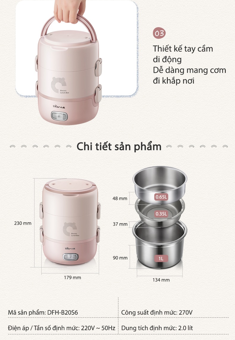 Hộp cơm điện cầm tay đa năng Bear DFH-B20S6 - Chính Hãng - BH 18 tháng
