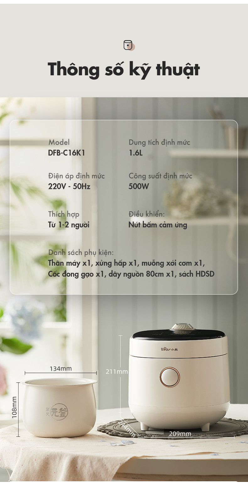[Combo tựu trường] Nồi điện đa năng 1.6L DRG-P16M2 - Hộp Cơm Cầm Tay 1L DFH-B10J2 - Nồi cơm điện mini 1.6L DFB-C16K1