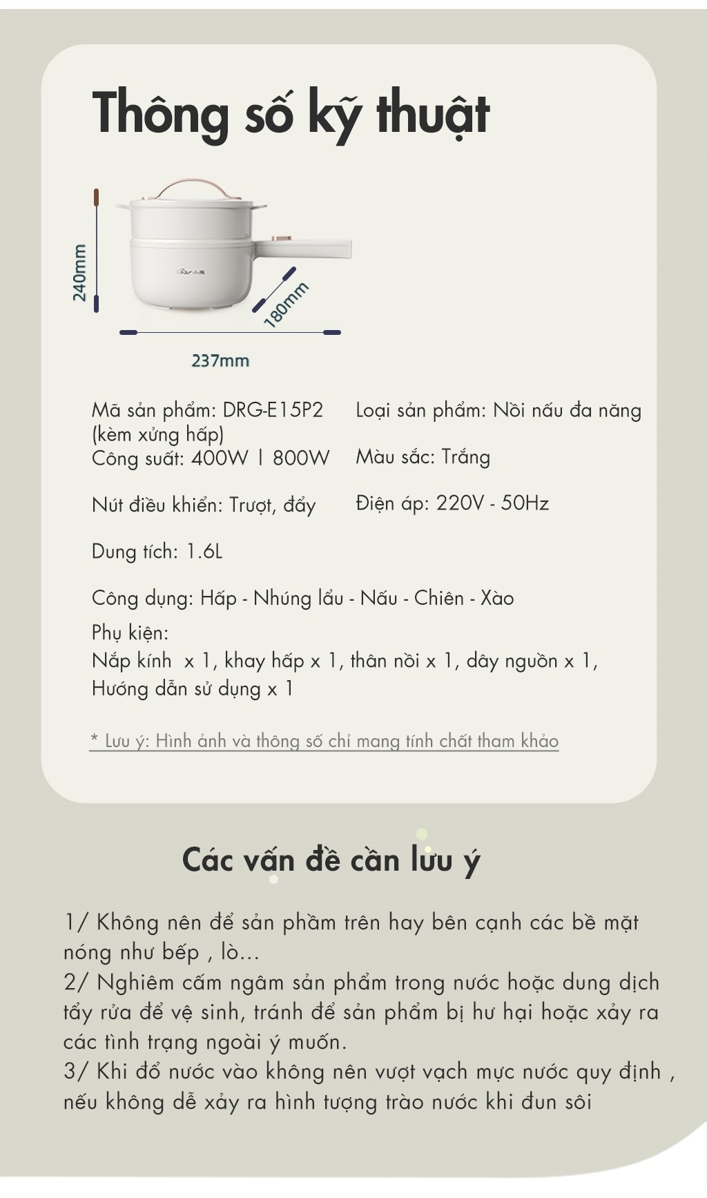 Nồi nấu đa năng 1.6L Bear DRG-E15P2 800W (kèm xửng hấp) - Hàng Chính Hãng