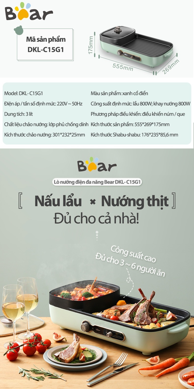 Bếp Nướng Lẩu Điện 3L Đa Năng 2in1 Bear DKL-C15G1 - Chính Hãng - BH 18 Tháng Bếp Nướng Lẩu Điện 3L Đa Năng 2in1 Bear DKL-C15G1 - Chính Hãng - BH 18 Tháng