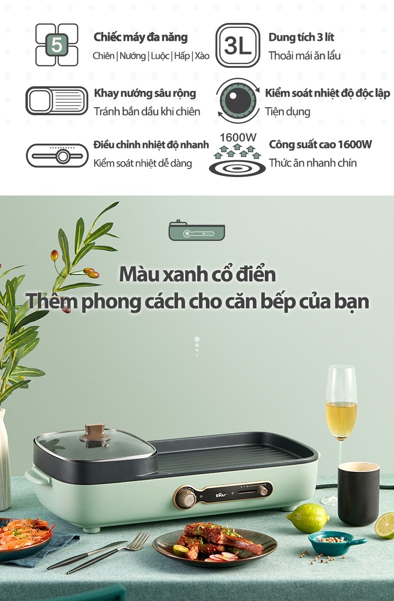 Bếp Nướng Lẩu Điện 3L Đa Năng 2in1 Bear DKL-C15G1 - Chính Hãng - BH 18 Tháng Bếp Nướng Lẩu Điện 3L Đa Năng 2in1 Bear DKL-C15G1 - Chính Hãng - BH 18 Tháng
