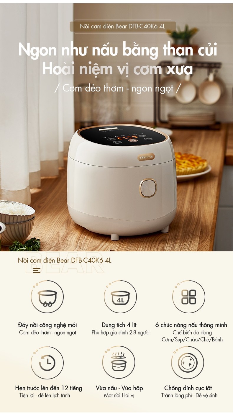 Nồi Cơm Điện 1.5L (lòng nồi 4L) Bear DFB-C40K6 - Hàng chính hãng -BH 18 tháng Nồi Cơm Điện 1.5L (lòng nồi 4L) Bear DFB-C40K6 - Hàng chính hãng -BH 18 tháng