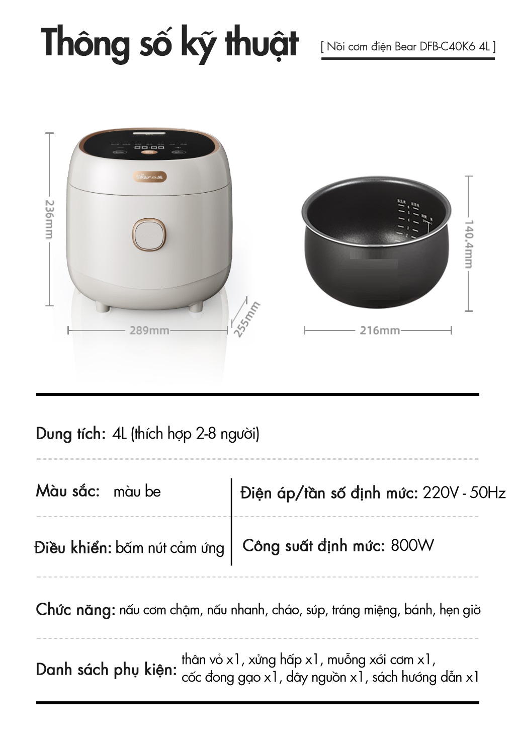 Nồi Cơm Điện 1.5L (lòng nồi 4L) Bear DFB-C40K6 - Hàng chính hãng -BH 18 tháng Nồi Cơm Điện 1.5L (lòng nồi 4L) Bear DFB-C40K6 - Hàng chính hãng -BH 18 tháng