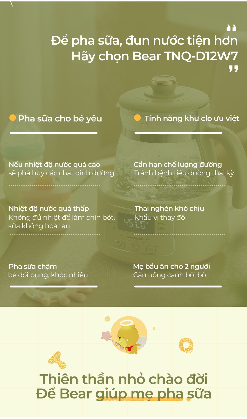 Máy Đun Nước Đa Năng Bear TNQ-D12W7 Máy Hâm Sữa Thông Minh Khử Clo Pha Sữa An Toàn Cho Bé Dễ Dàng Sử Dụng