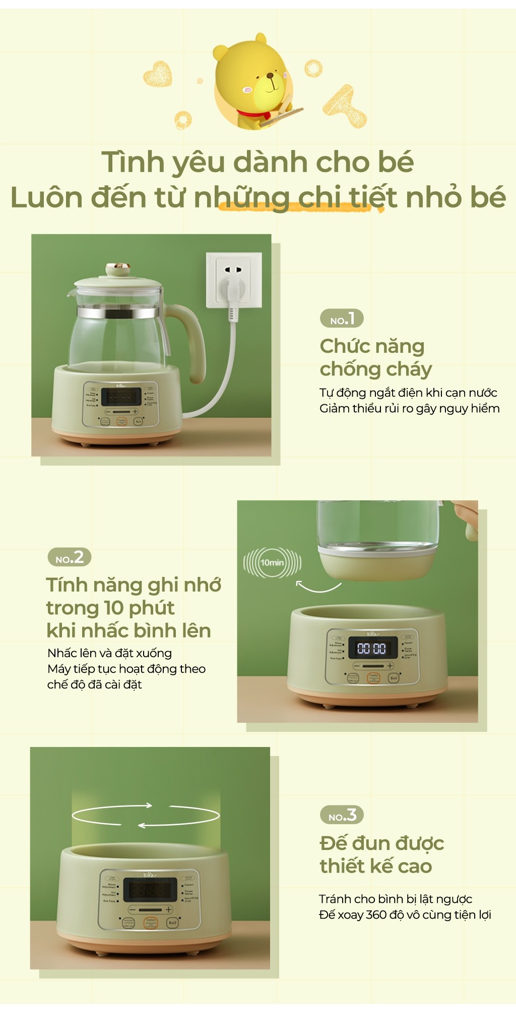 Máy Đun Nước Đa Năng Bear TNQ-D12W7 Máy Hâm Sữa Thông Minh Khử Clo Pha Sữa An Toàn Cho Bé Dễ Dàng Sử Dụng
