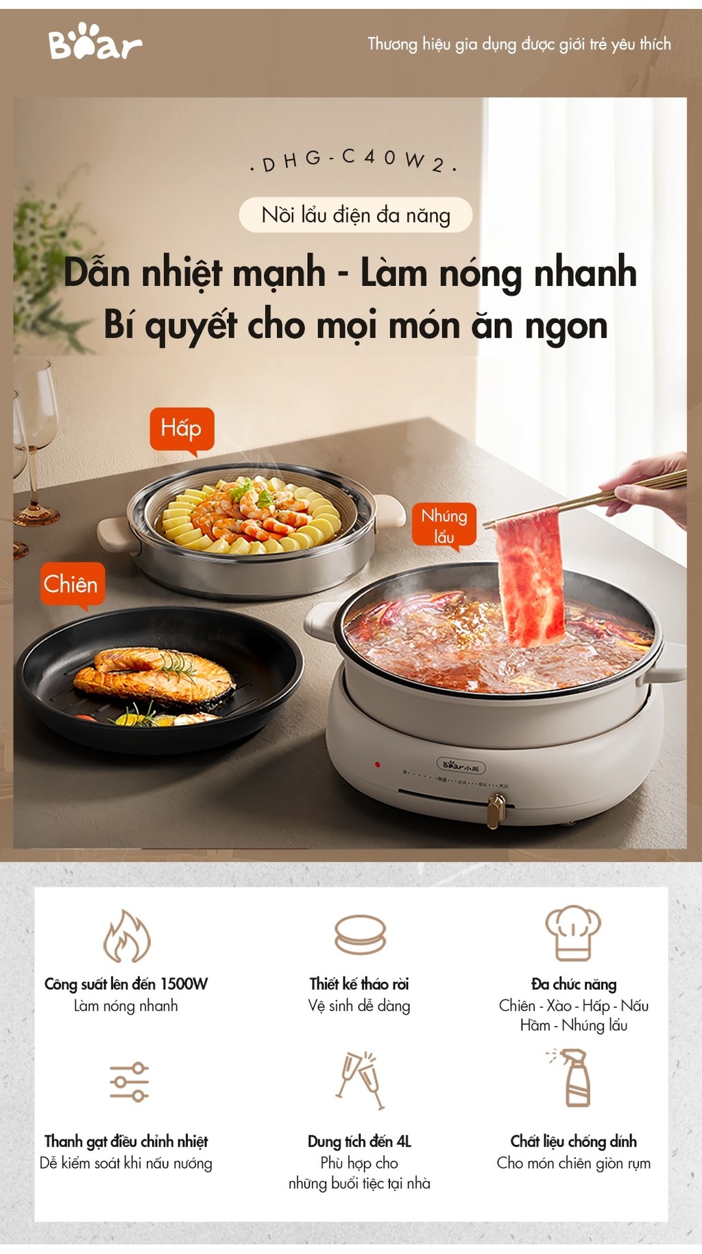 [Livestream] Bộ Nồi Lẩu Nướng Bear 3 khay 3in1 DHG-C40W2 - Hàng Chính Hãng-BH 18 Tháng