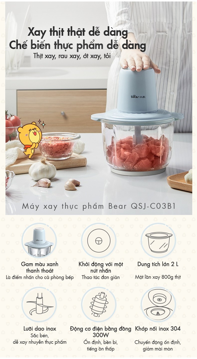 Máy xay thực phẩm đa năng 2L Bear QSJ-C03B1 - Hàng chính hãng