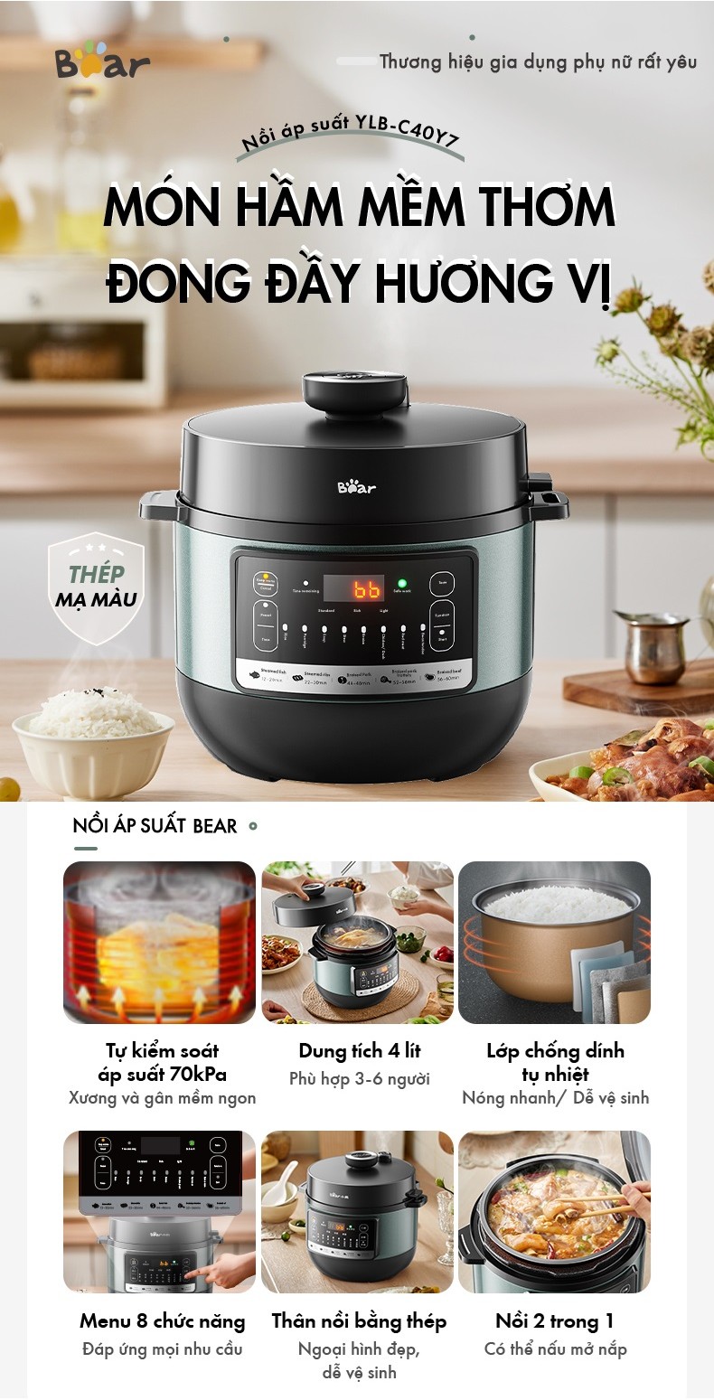 Nồi Áp Suất Đa Năng 4L Bear YLB-C40Y7 Hàng Chính Hãng