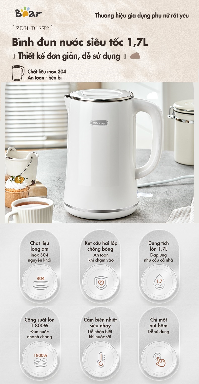 Ấm Đun Siêu Tốc 1.7L Bear ZDH-D17K2 - Hàng Chính Hãng