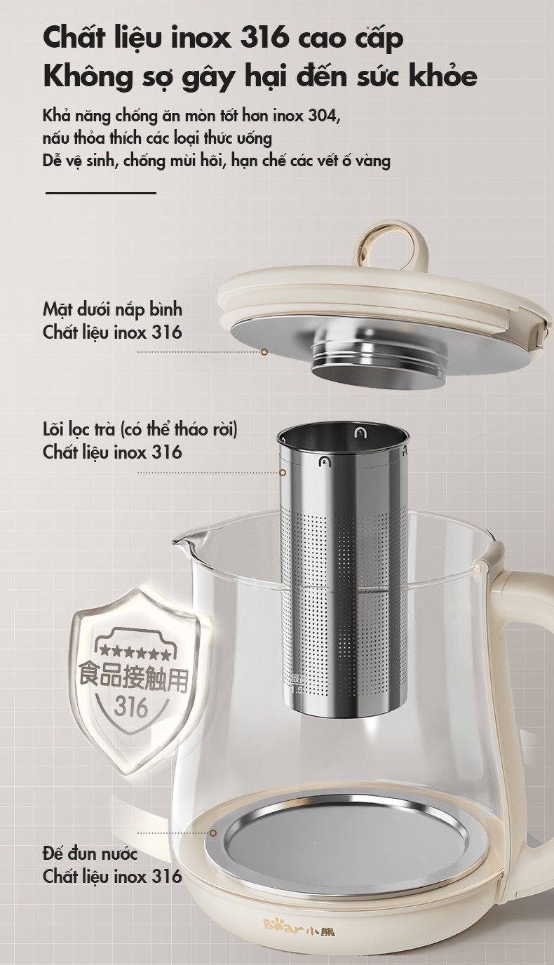 (Hàng Đặt Trước) Ấm Đun Pha Trà 1.5L Siêu Tốc Bear YSH-E15M1 - Hàng Chính Hãng