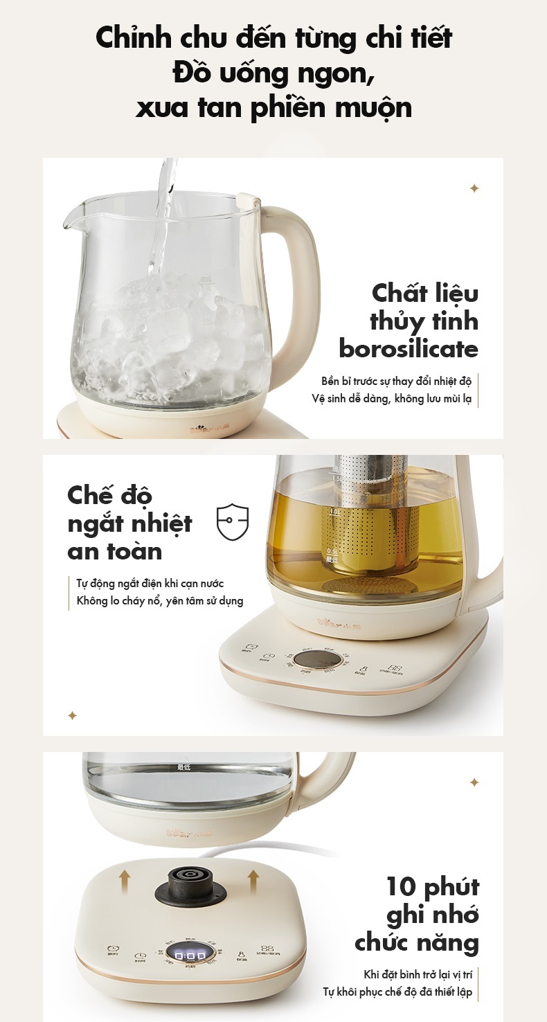 (Hàng Đặt Trước) Ấm Đun Pha Trà 1.5L Siêu Tốc Bear YSH-E15M1 - Hàng Chính Hãng