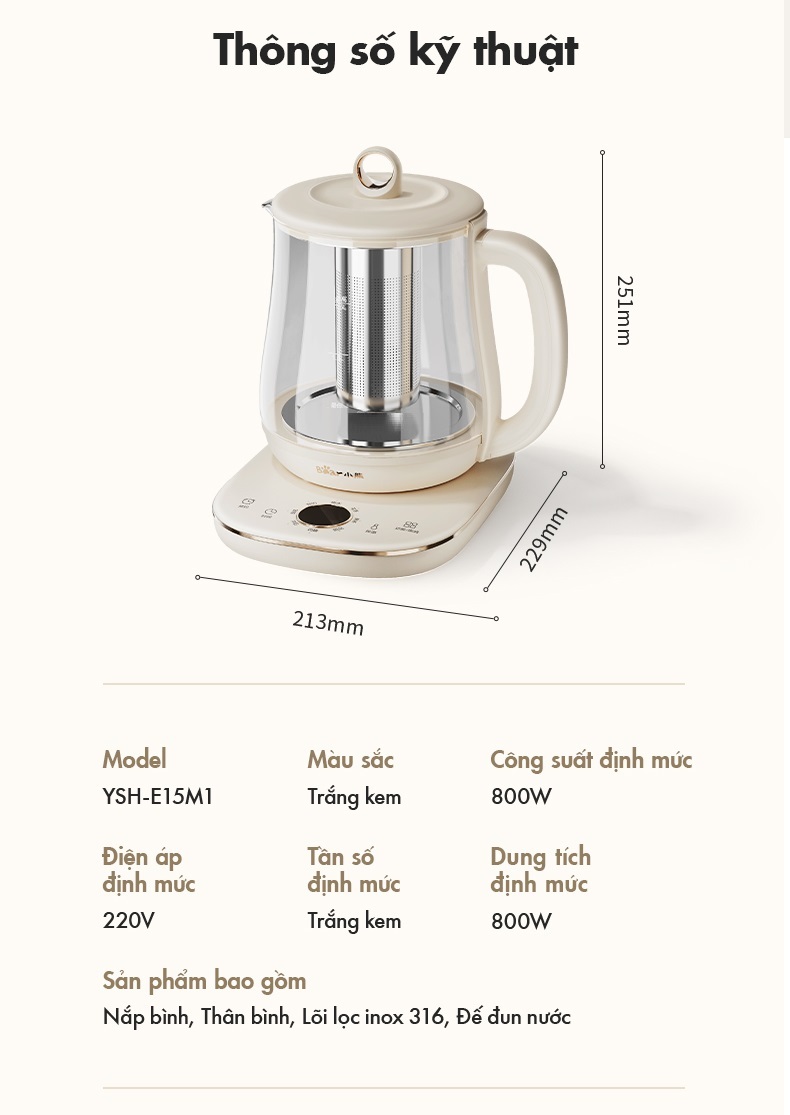 (Hàng Đặt Trước) Ấm Đun Pha Trà 1.5L Siêu Tốc Bear YSH-E15M1 - Hàng Chính Hãng