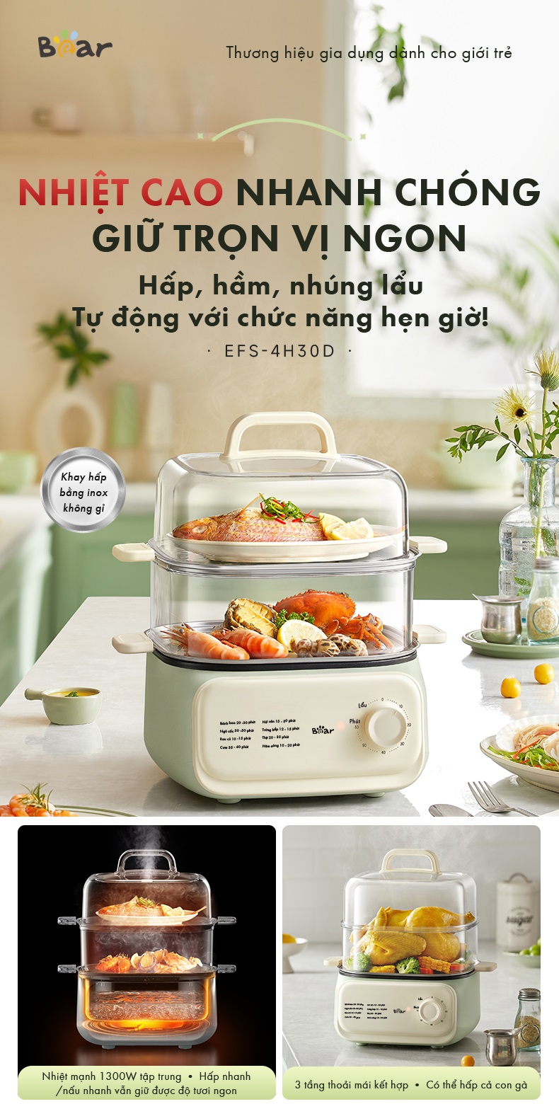 Nồi Hấp Thức Ăn 10.3L Bear EFS-4H30D - Hàng Chính Hãng