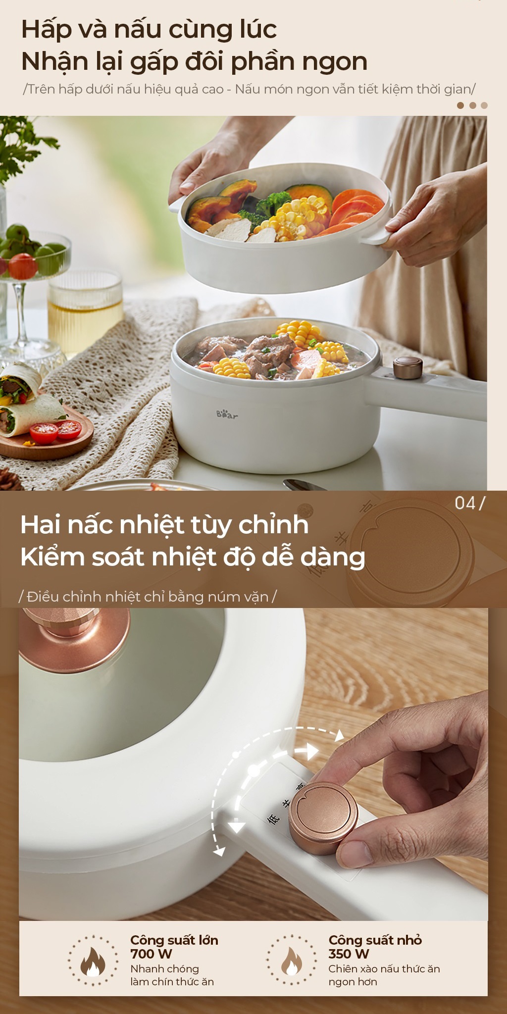 Nồi điện đa năng 1.6L Bear P16M2/ E15P2 (kèm khay hấp) - Chính hãng - BH 18 tháng