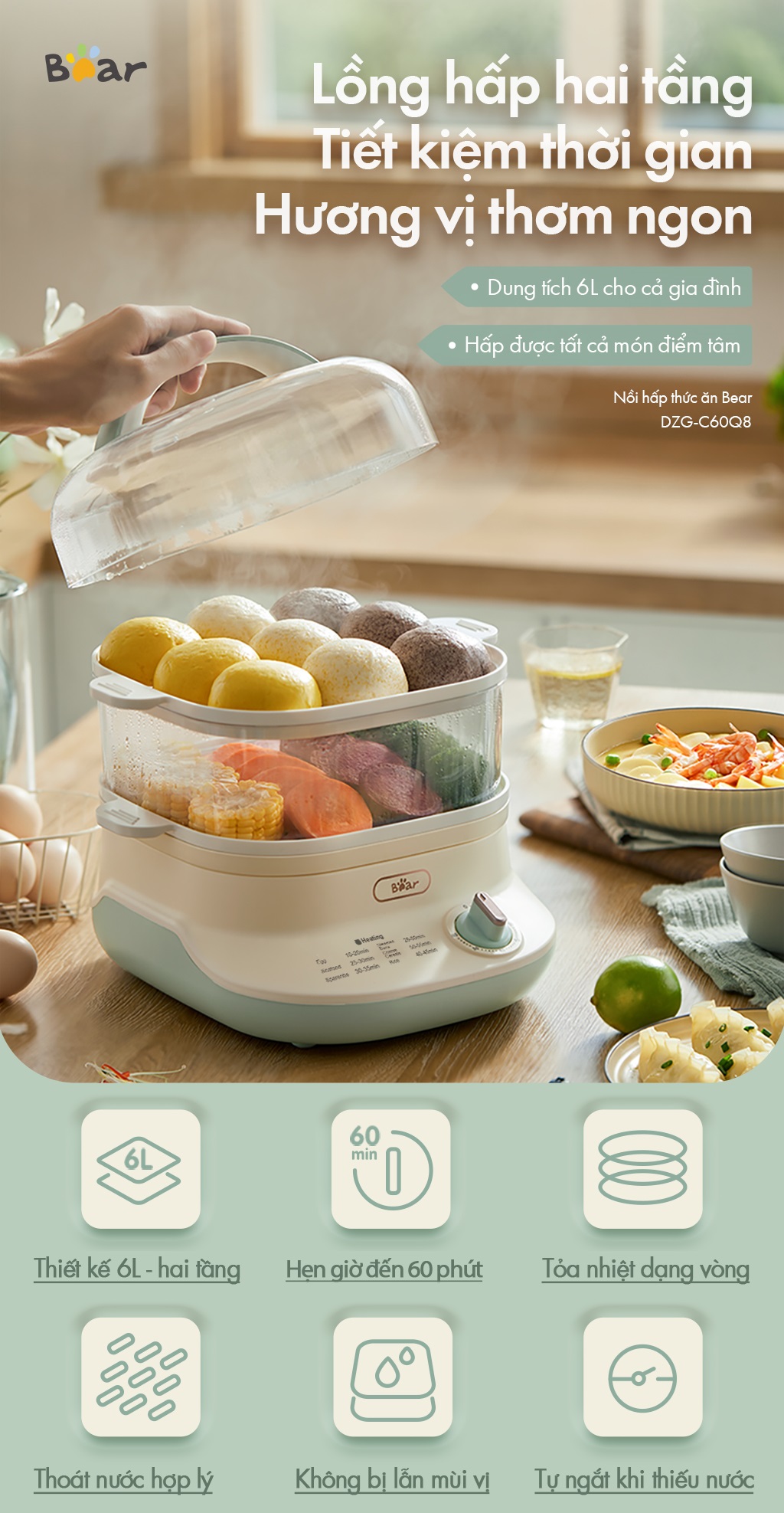 Nồi hấp thức ăn đa năng Bear DZG-C60Q8 - Hàng Chính Hãng BH 18 tháng