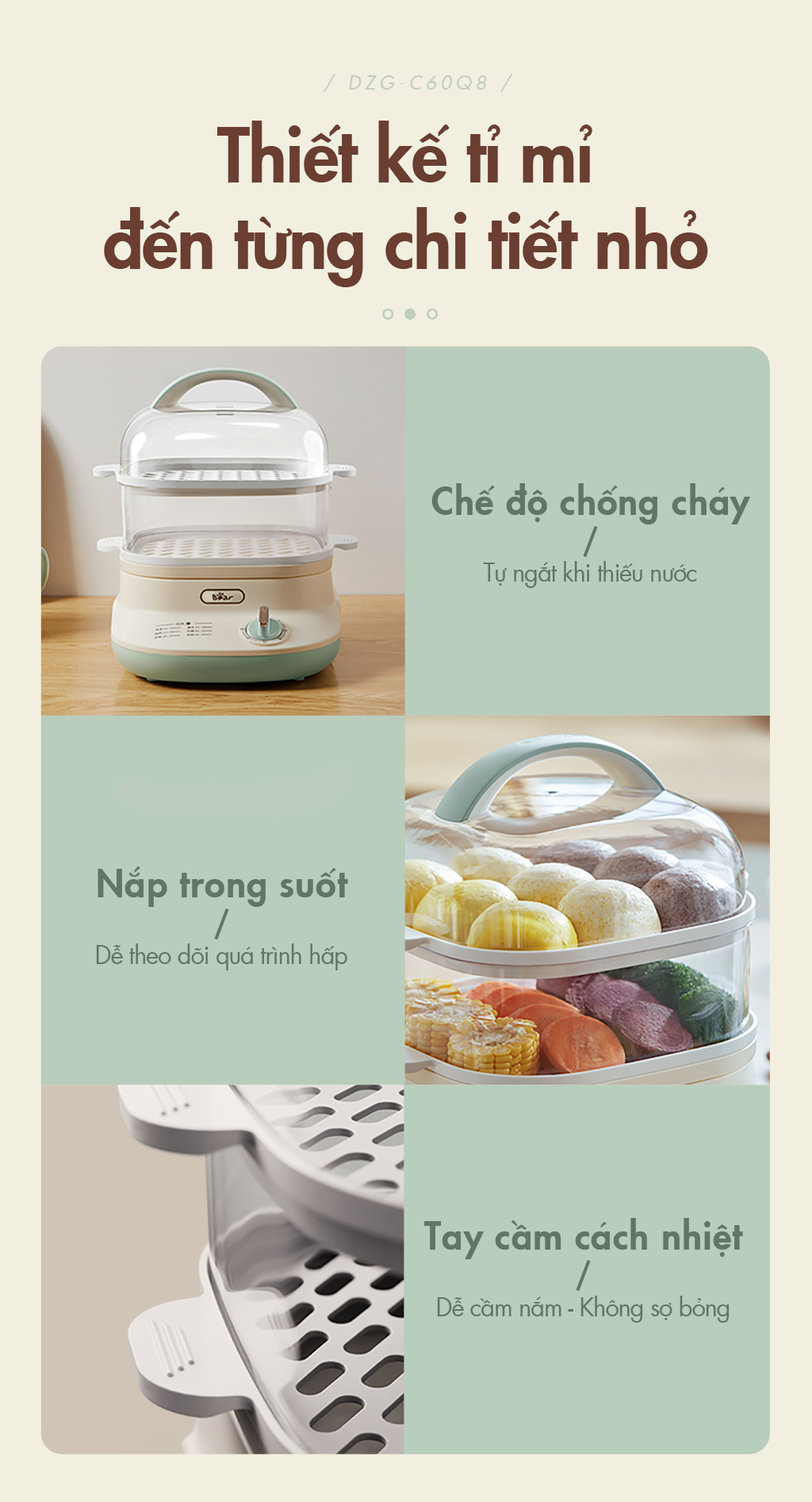 Nồi hấp thức ăn đa năng Bear DZG-C60Q8 - Hàng Chính Hãng BH 18 tháng