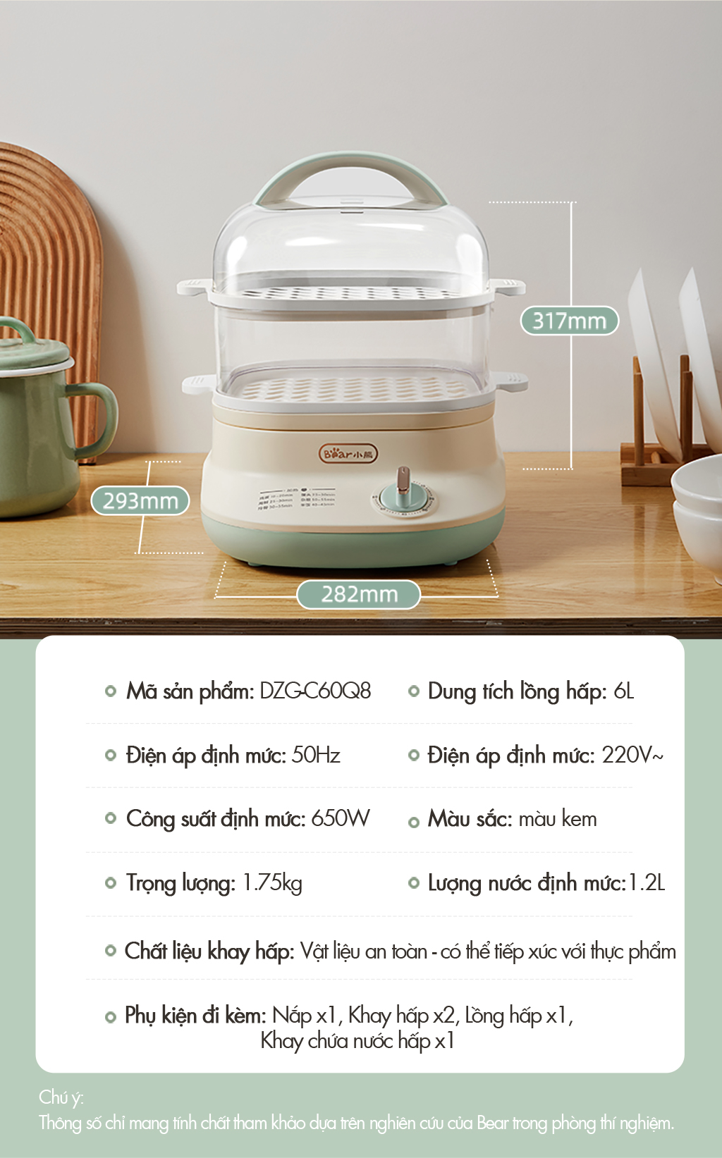 Nồi hấp thức ăn đa năng Bear DZG-C60Q8 - Hàng Chính Hãng BH 18 tháng