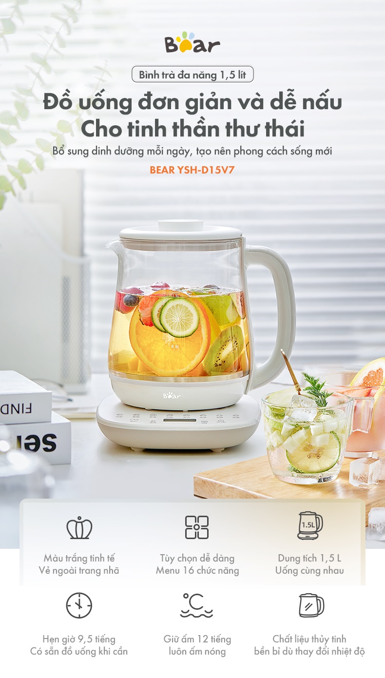 Ấm đun nước đa năng 1.5L Bear YSH-D15V7 Hàng Chính Hãng