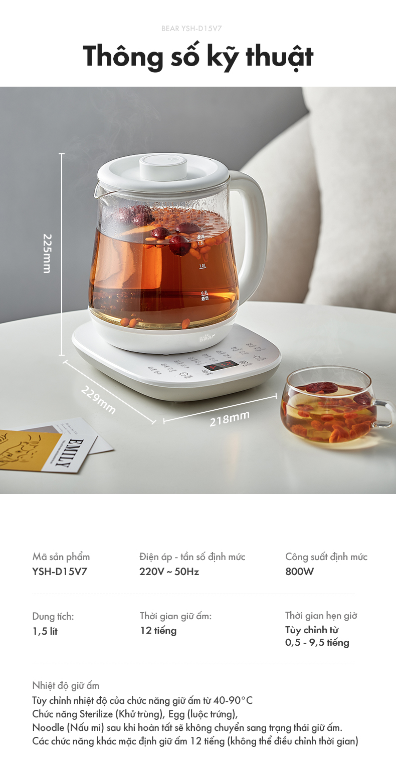 Ấm đun nước đa năng 1.5L Bear YSH-D15V7 Hàng Chính Hãng