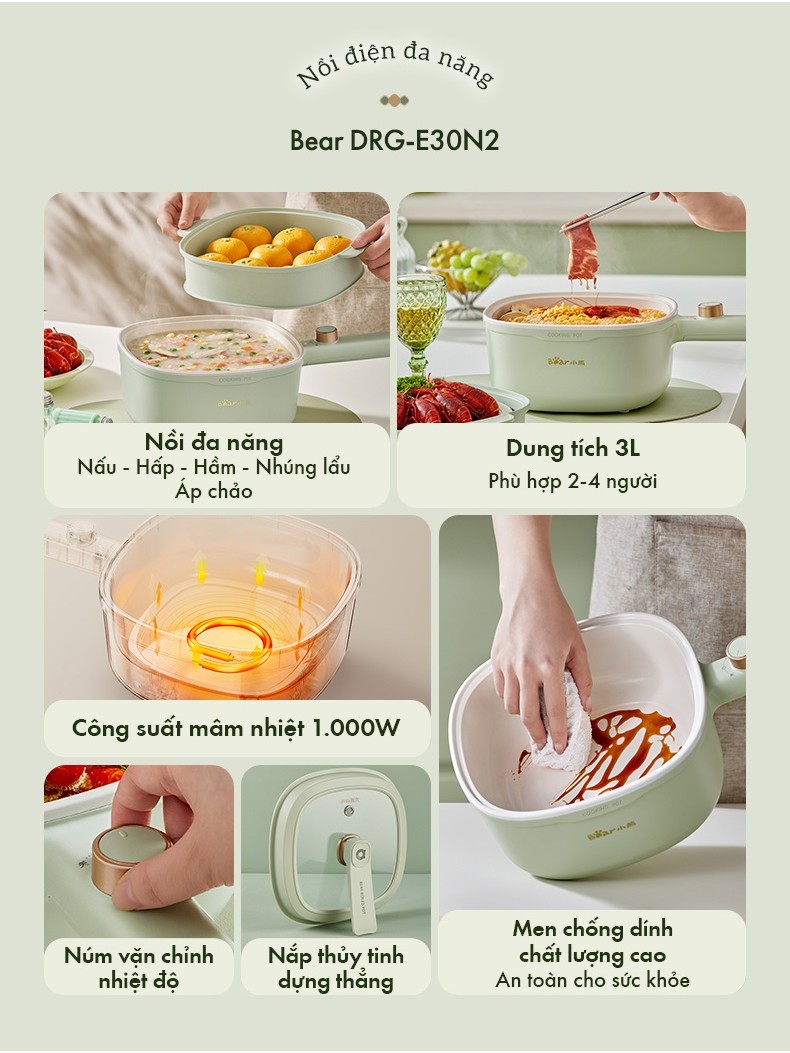 Nồi điện đa năng Bear 3L 1000W DRG-E30N2 - Hàng Chính Hãng Nồi điện đa năng Bear 3L 1000W DRG-E30N2 - Hàng Chính Hãng