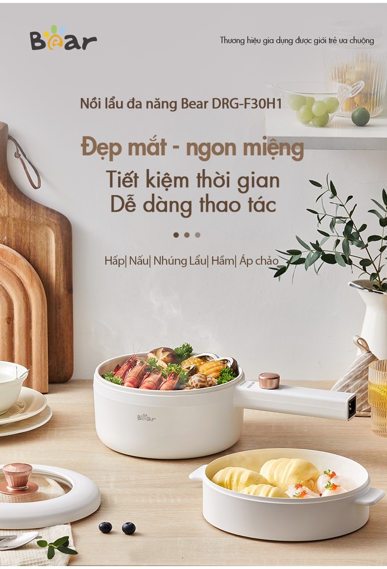 Nồi nấu điện đa năng 3L Bear DRG-F30H1 1.6L DRG-P16M2 kèm xửng hấp Hàng Chính Hãng