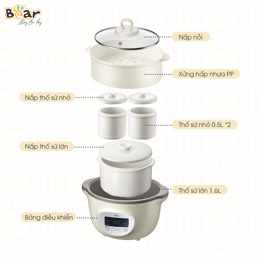 Nồi Nấu Cháo Chậm Bear 1.6L SUBE002 Nồi Chưng Yến Nồi Nấu Cháo Ăn Dặm Cho Bé Nồi Nấu Chậm