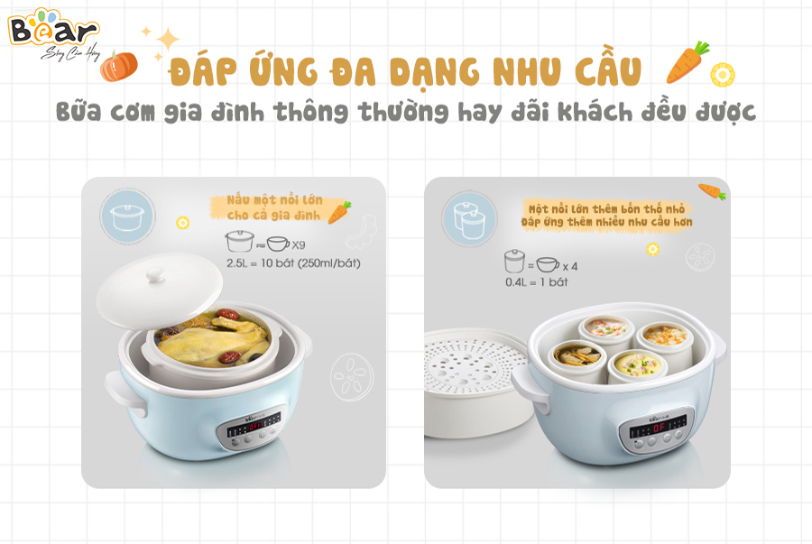 Nồi Nấu Chậm 2.5L Bear SUBE003 Chính Hãng Đa Năng Bản Tiếng Việt Kèm Lồng Hấp
