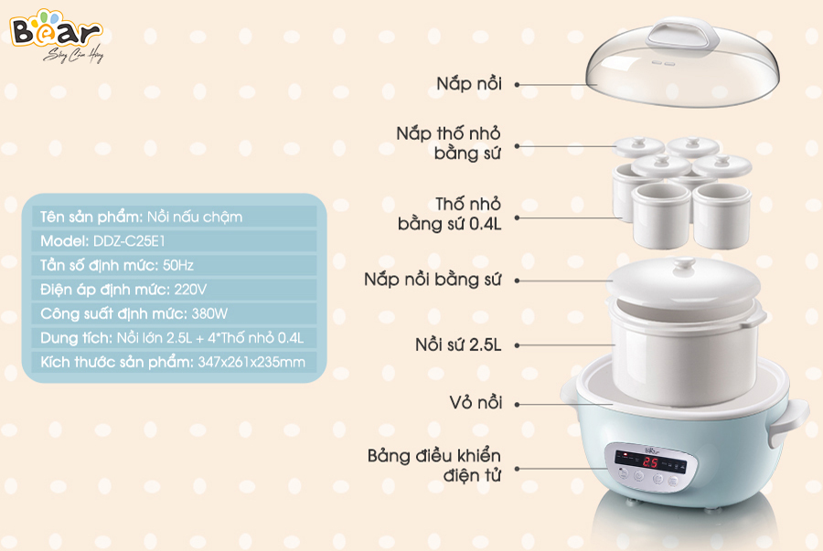 Nồi Nấu Chậm 2.5L Bear SUBE003 Chính Hãng Đa Năng Bản Tiếng Việt Kèm Lồng Hấp