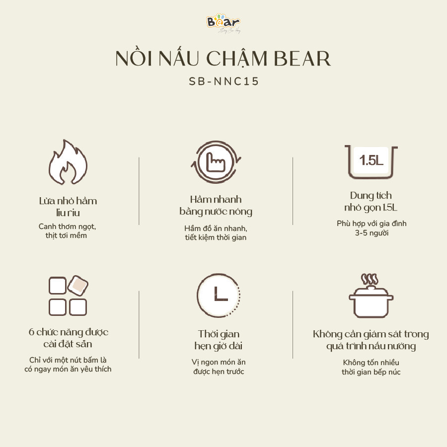 Nồi Nấu Cháo Chậm BEAR 1.5L NNC15 Nồi Nấu Chậm Cho Bé Hầm Giữ Ấm Giữ Trọn Chất Dinh Dưỡng Nồi Nấu Cháo Bản Tiếng Việt