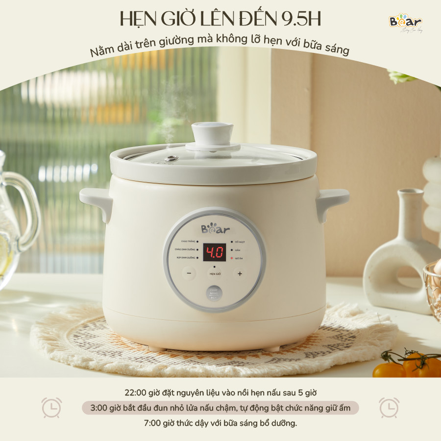 Nồi Nấu Cháo Chậm BEAR 1.5L NNC15 Nồi Nấu Chậm Cho Bé Hầm Giữ Ấm Giữ Trọn Chất Dinh Dưỡng Nồi Nấu Cháo Bản Tiếng Việt
