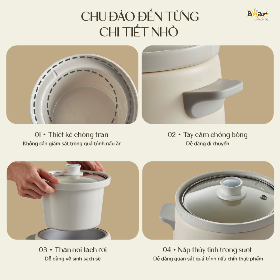 Nồi Nấu Cháo Chậm BEAR 1.5L NNC15 Nồi Nấu Chậm Cho Bé Hầm Giữ Ấm Giữ Trọn Chất Dinh Dưỡng Nồi Nấu Cháo Bản Tiếng Việt