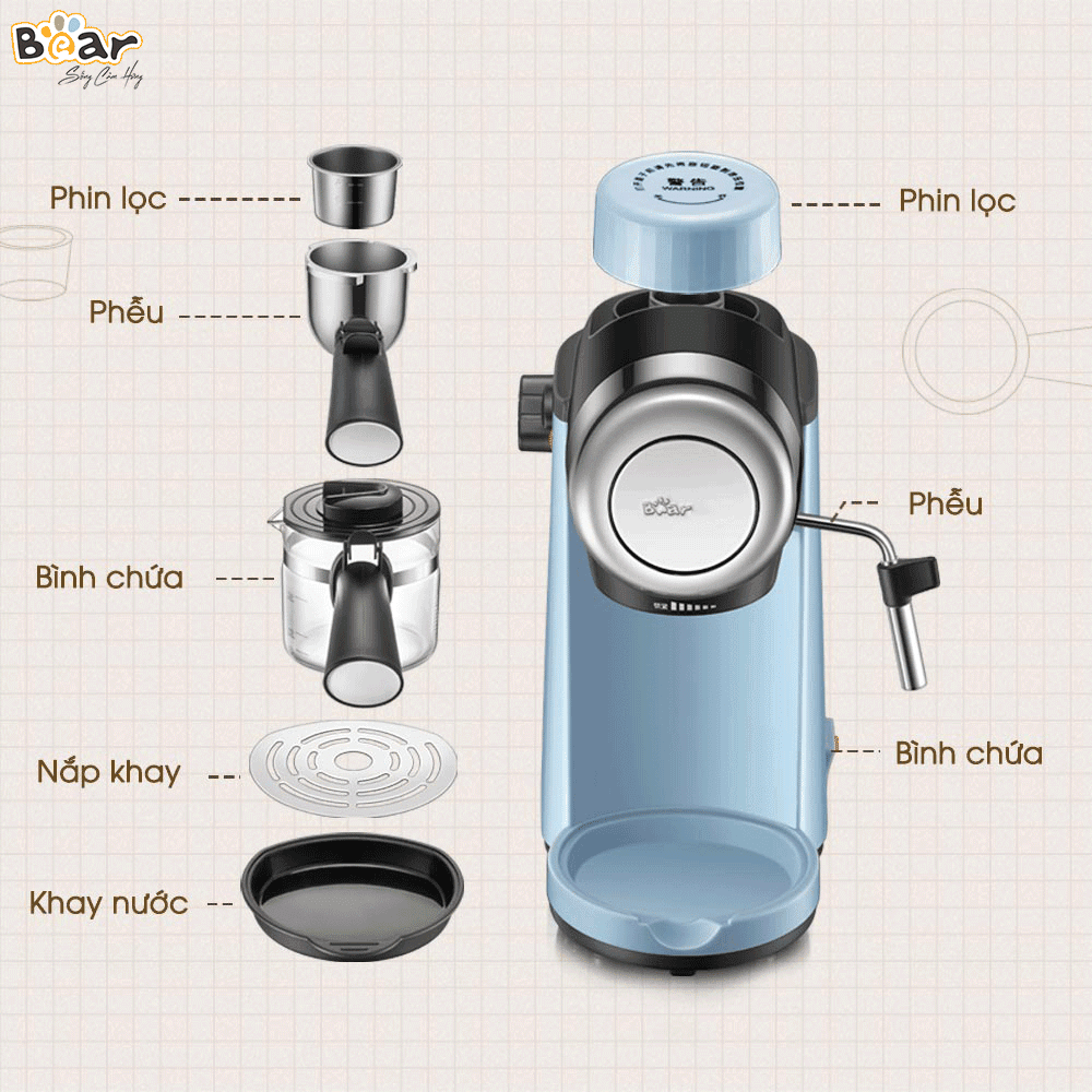 Máy Pha Cà Phê Bear Tự Động CF-B02V1 800W Pha Espresso Phong Cách Ý
